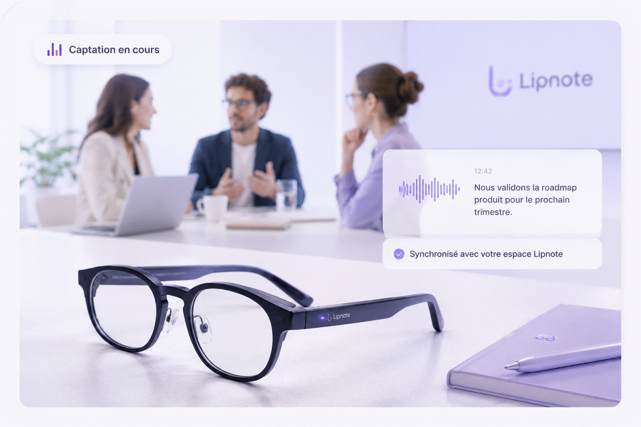 Lunettes connectées Lipnote captant une réunion en mains-libres — compatibilité Even G2